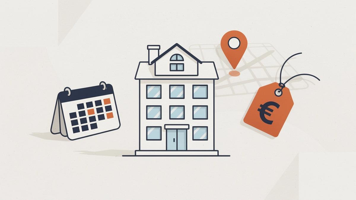 Travel booking review header illustration with hotel building, calendar, and price tag