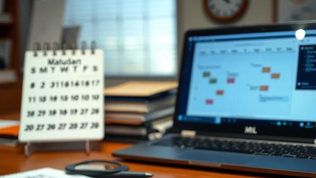 A newsroom-style desk with a calendar, laptop, and subtle AI diagram notes
