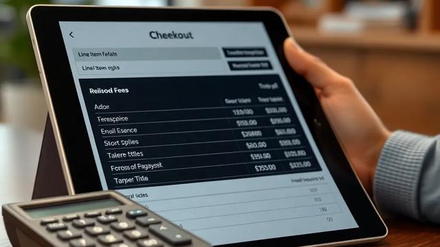 Close-up of a ticketing checkout screen with fee line items and a calculator