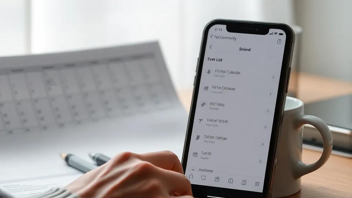 A calm morning desk with a printed community calendar and a phone showing an event list