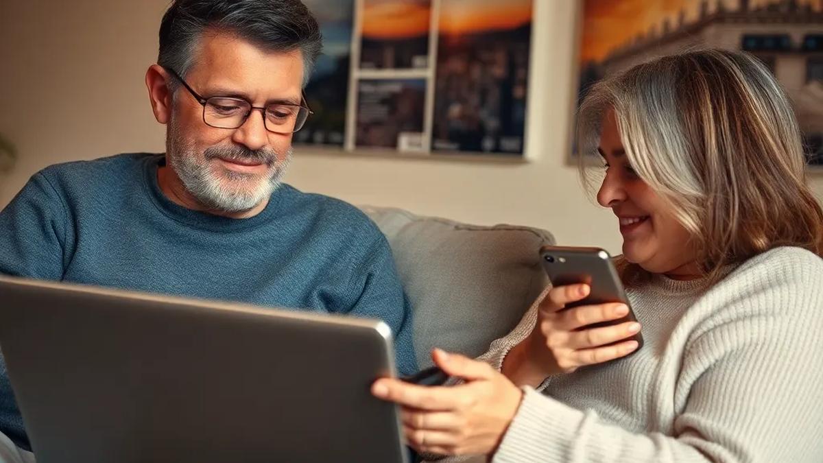 Adults browsing a weekly events digest on a laptop with a city skyline and event posters in the background