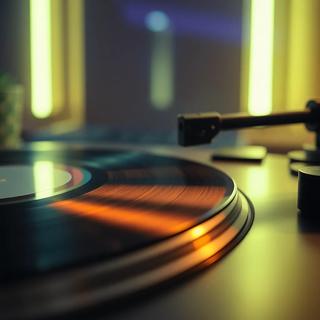 Vinyl record on a turntable with neon night lighting