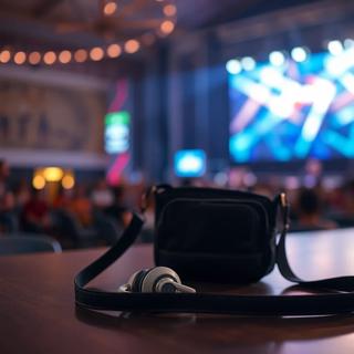 Compact festival bag and ear protection on a table with stage lights