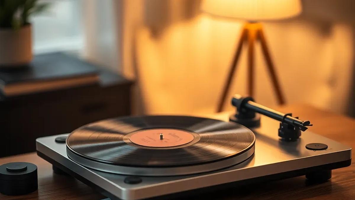 A warmly lit turntable with a vinyl record and sleeve, styled for an evening listening session