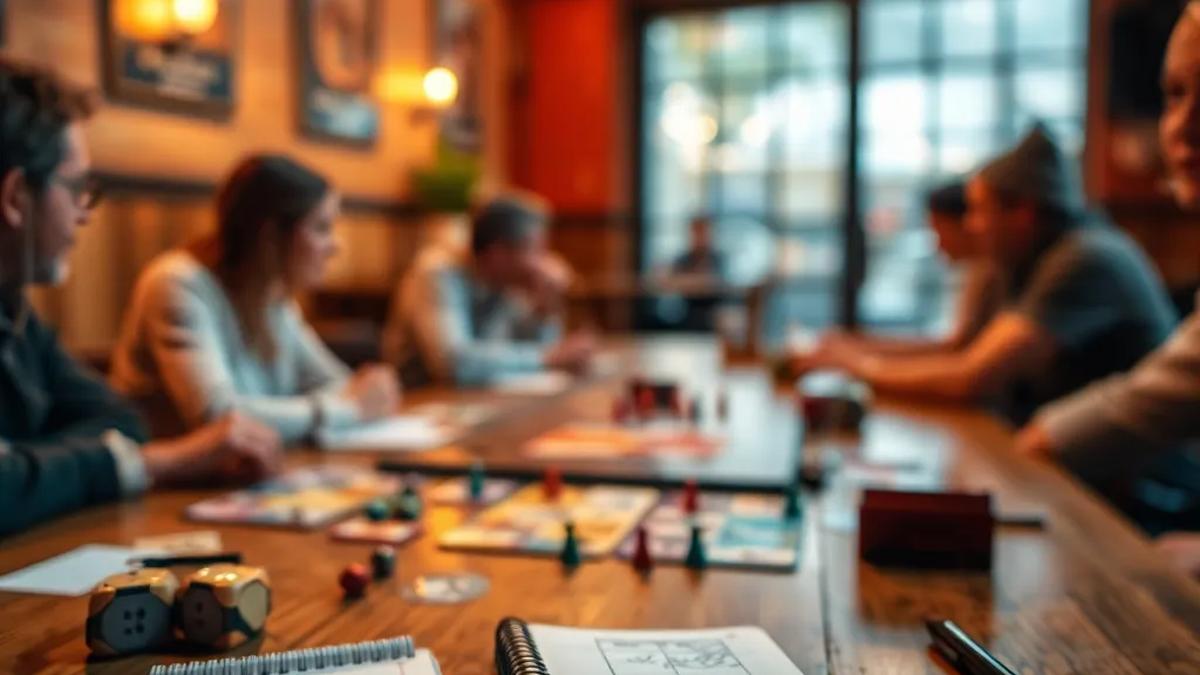 A cozy tabletop game club table with notebooks and dice