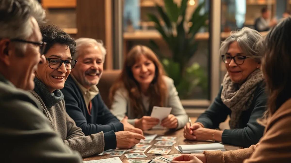 Adults gathered around a table playing a social deduction party game with cards and note sheets