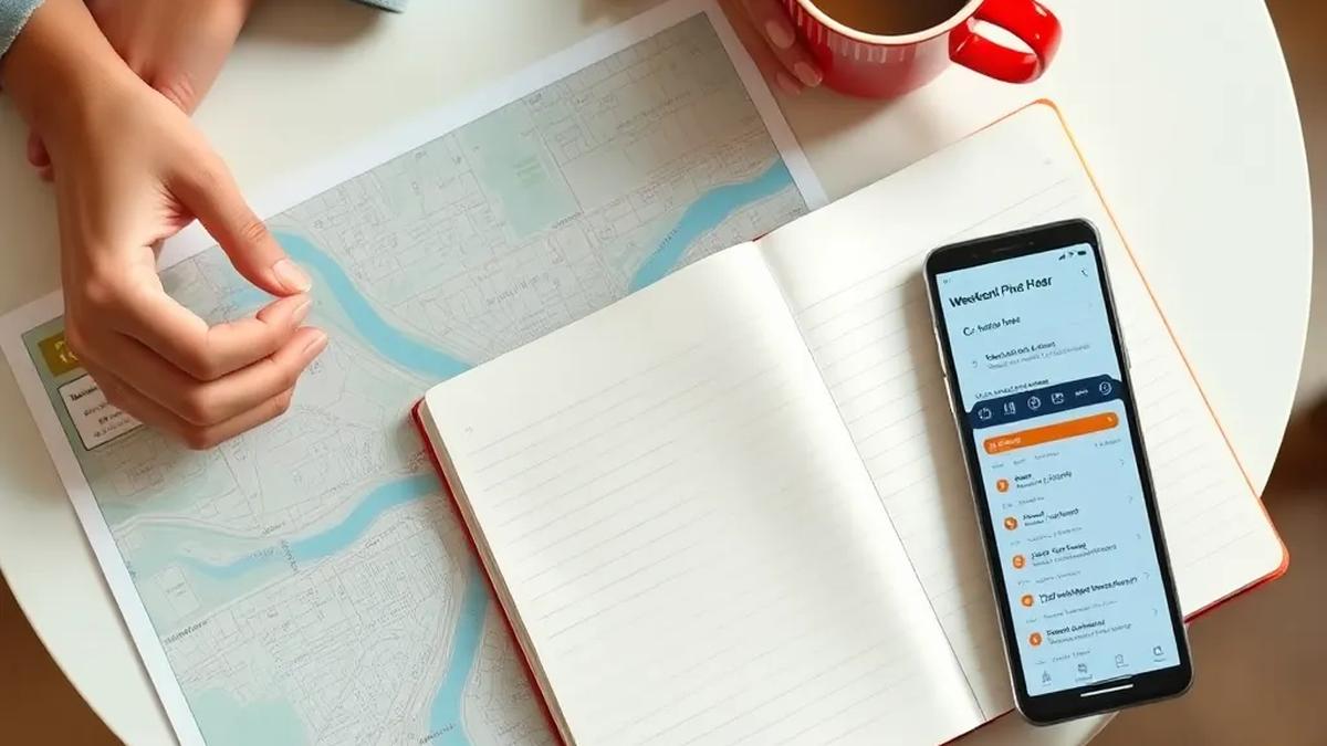 A calm weekend planning scene with a city map, coffee, and event notes