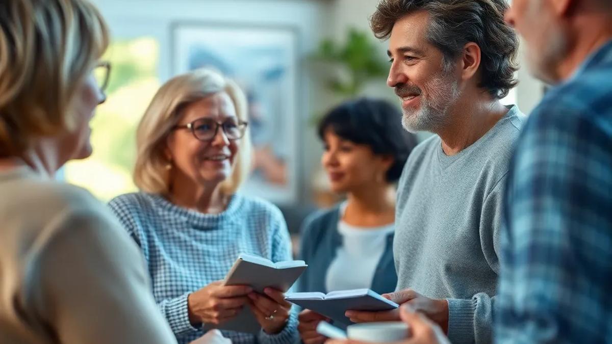 Adults chatting at a casual hobby meetup with notebooks and coffee